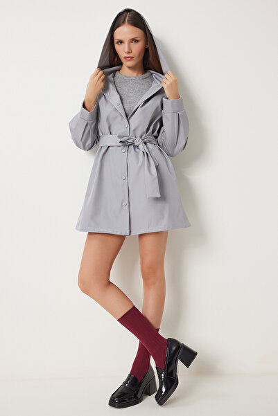 Lovelyİstanbul Короткий тренч - з капюшоном і поясом, сірий LDD0090