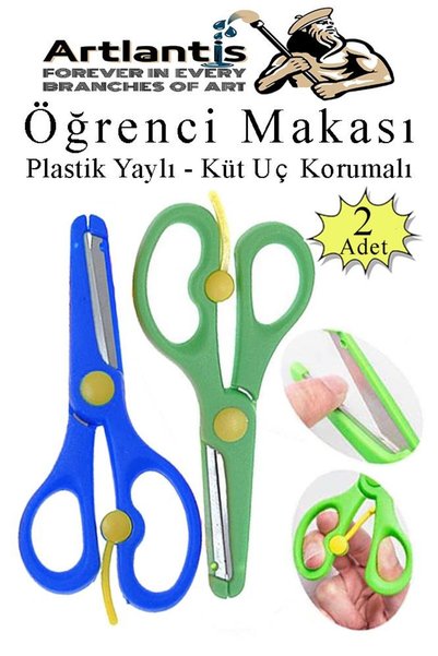 Artlantis Blue Green Student Scissors 2 Pcs Plastic Spring Blunt Tip-Protect ...