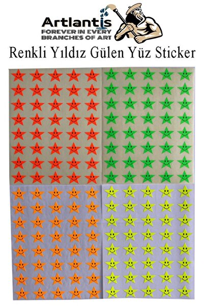 Artlantis Yıldız Gülen Yüz Sticker 160 lı 1 Paket 17 mm Fosforlu Turuncu Sarı...