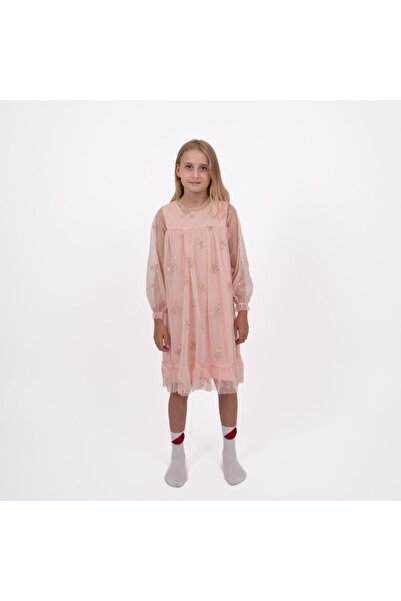 Lolons Çiçek Desenli Kız Çocuk Dokuma Tül Elbise Somon