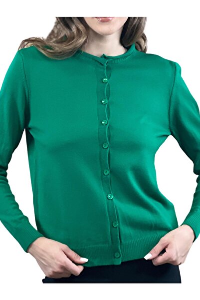 Miss Poem Women's Crew Neck Buttoned Long Sleeve Basic Green Knitwear Cardigan