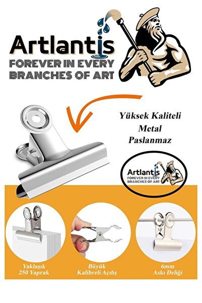 Artlantis Yaylı Askılı Maşa Klips 64 mm 12 Adet Metal Beyaz Kıskaç 140 Yaprak Kapasiteli Pürüzsüz Mandal Kıska