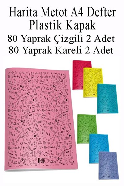 Artlantis Defter Plastik Kapak A4 80 Yaprak Çizgili 2 Adet ve 80 Yaprak Kareli 2 Adet Harita Metod Defter