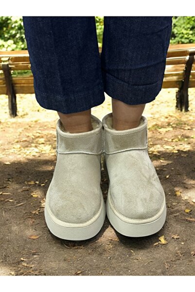 PLUSH STUDIO Kadın Bej Süet Yarım Bot Içi Peluşlu Kalın Taban Platformlu Ayakkabı Bot Bootie