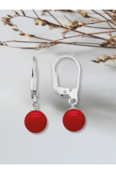 bymissmücevherat 925 Ayar Gümüş Kancalı Yuvarlak Kırmızı Mercan Taşlı Küpe