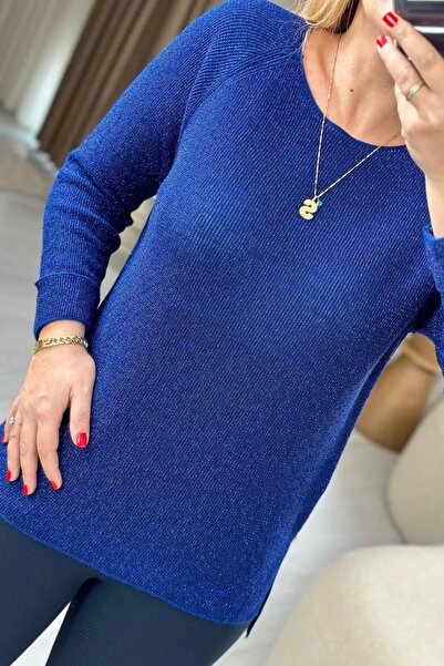 Bİ.GİYSEN Kadın Mavi Bisiklet Yaka SİMLİ İnce Tiriko Duble Kol Manşetli Bluz