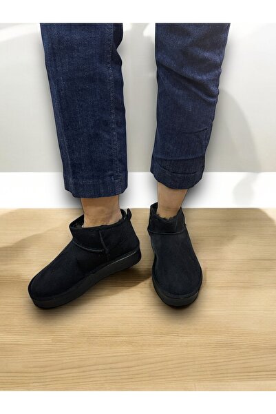 PLUSH STUDIO Kadın Siyah Süet Yarım Bot Içi Peluşlu Kalın Taban Platformlu Ayakkabı Bot Bootie