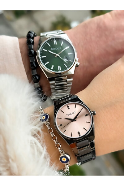Ferrucci Marka Siyah Gümüş Renk Çelik Kordon Sevgili Çift Kol Saatleri Bileklik