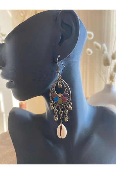 Store Vintage Motif Colorful Metal Muscle Shell End Dangle Earrings