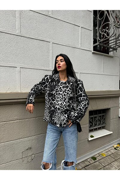 minaaise Kadın Leopar Desenli Gömlek Yaka Cepli Triko Hırka 28348