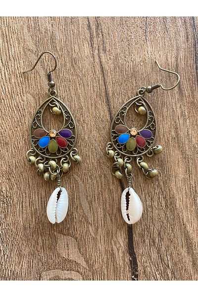 Store Vintage Motif Colorful Metal Muscle Shell End Dangle Earrings