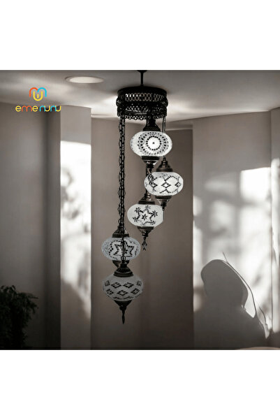 EMENUNU El Yapımı 5'lı Renkli Mozaik Cam Sarkıt Lamba - Zarif ve Şık Dekorati...