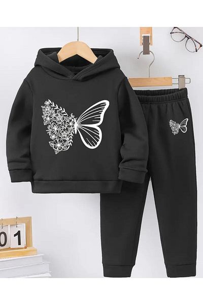 renkli diyar Long Sleeve Hooded Sweat and Pants Set for Girl - Nursery, Kindergarten, Primary School