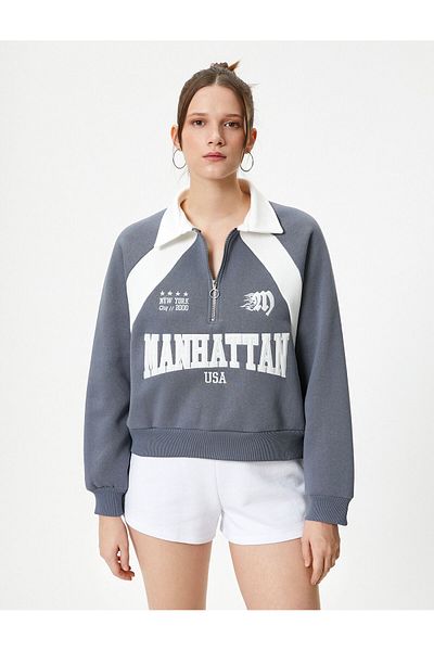 Koton Polo Neck Sweatshirt Half Zipper Color Block Applique and Embroidery Detail
