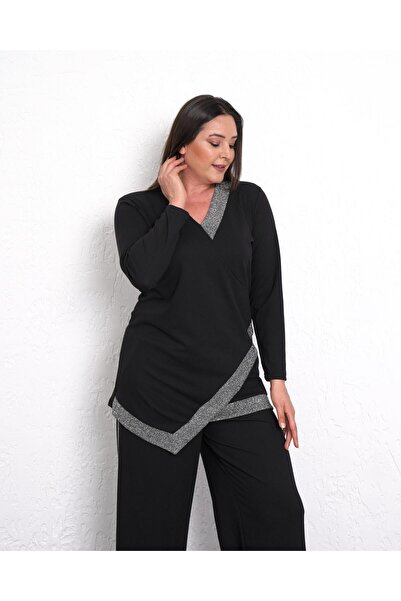 Butik Nilyam Μαύρο βραδινό φόρεμα σε μεγάλο μέγεθος - Σετ μπλούζα και παντελόνι με λαιμόκοψη V, σταυρωτό γκλίτερ και λεπτομέρεια ρίγες 24707