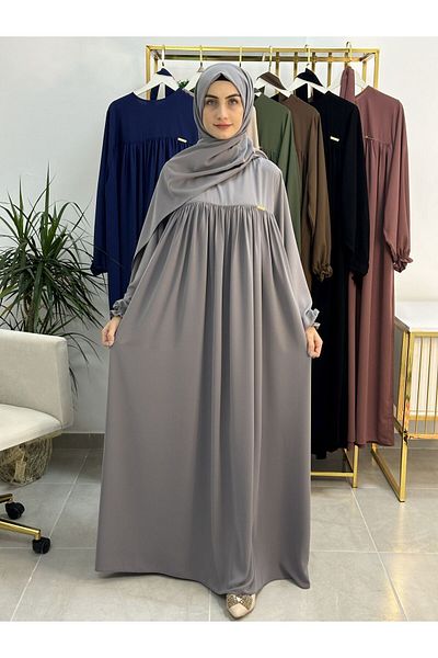 erasra class Gray Hijab and Abaya - Robe with Shawl and Top, Belt Dress Set