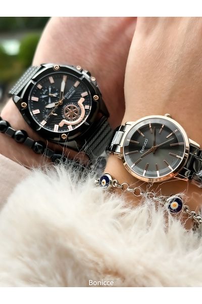 Ferrucci Brand Black Color Steel Cord Dear Couple Wristwatches+Bracelet