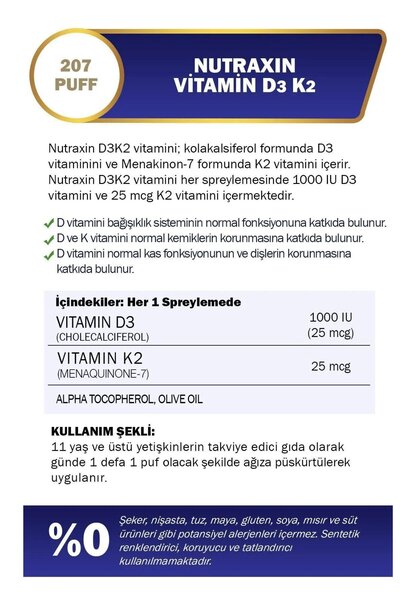 Nutraxin D3K2 - Gıda Takviyesi Sprey (207 Puf) 30ml 3'lü Paket