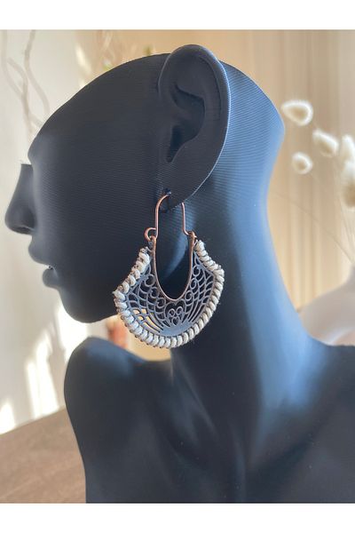 Store Antique Metal Motif White String Boho Style Earrings