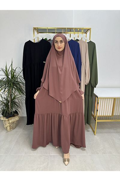 erasra class Sufle Scarf Ferace and Abaya - Two Layers Gathered Gown Suit Is Suitable for Hijab and Umrah Rose