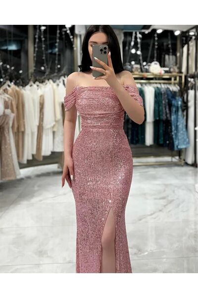 zoe star Andrea Arkası Bağlamalı Detaylı Degaje Yaka Uzun Boy Payet Önü Yırtmaçlı Abiye Elbise Hijap