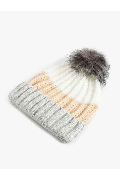 Koton Color Blocked Pompom Knitted Beanie - Fold Detailed