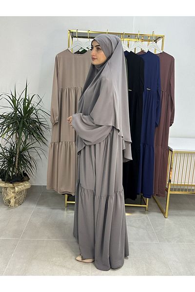 erasra class Gray Sufle Scarf and Double Layer Rubbed Gown Set - for Hijab and Umrah