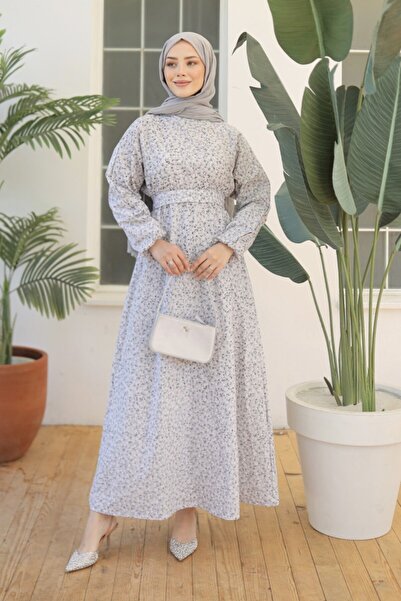 DAS KLEID Gray Floral Print Belted Dress