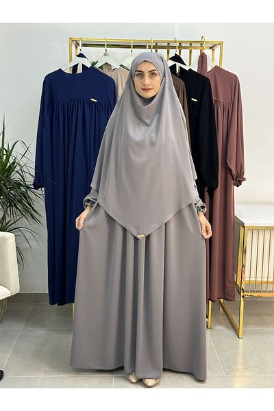 erasra class Gray Ferace & Abaya Souffle - Dress Set with Esarp and Top-Rob, with Belt for Hajj and Umrah