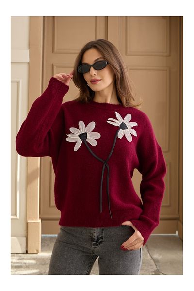 Elif Özbey Butik Pulover oversize floral din in burgundy
