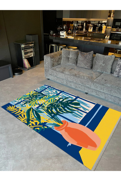Rugs Modern Halı Yilmaz Collection Yellow Navy Blue Themed Window and Flower ...