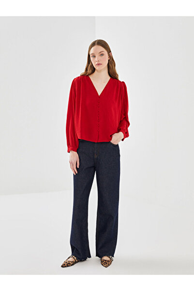 LC Waikiki Lcw Vision Red V-Neck Women's Blouse