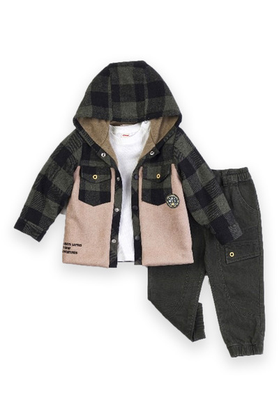 Bombili Erkek Bebek Kapşonlu İçi Polar Ceketli 3'lü Takım