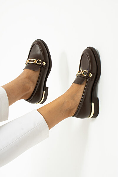 Güllü Shoes Kadın Kahverengi Deri Loafer Ayakkabı, Rahat ve Şık Günlük, Altın Tokalı Topuklu Kadın Ayakkabı