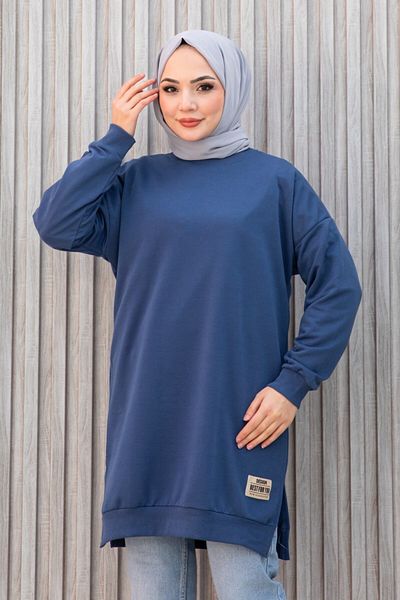 DAS KLEID تونيك دوامي طويل مطرز باللون النيلي