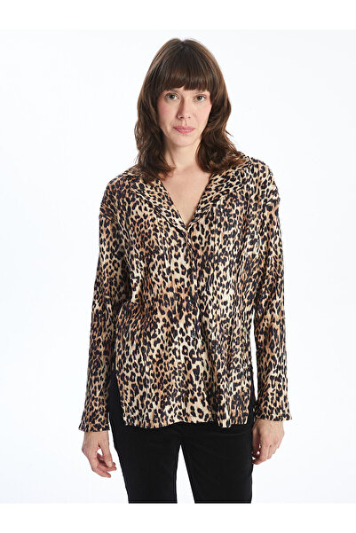 LC Waikiki Lcw Vision Bronze Plaid Shirt Collar Leopard Print Women's Blouse