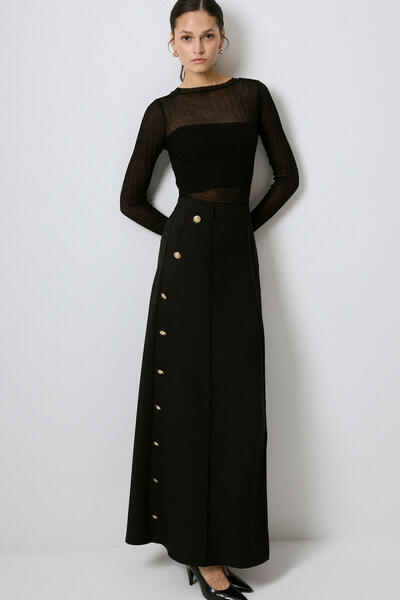 Touché Privé Crepe Skirt with Gold Buttons