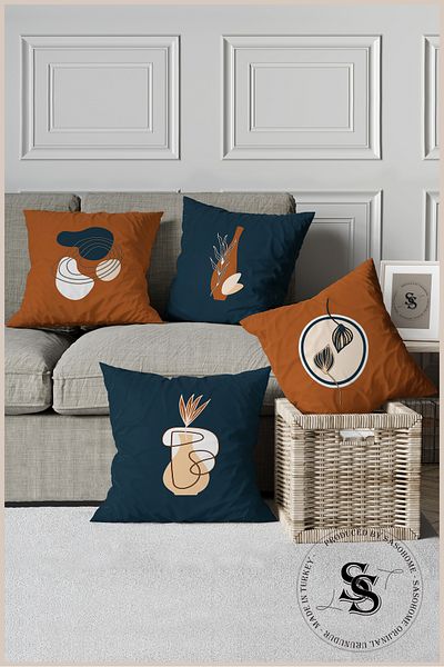 SasoHome Set de 4 huse de pernă cu modele de flori suprarealiste, albastru marin portocaliu