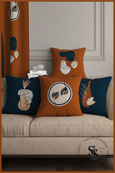 SasoHome Set de 4 huse de pernă cu modele de flori suprarealiste, albastru marin portocaliu