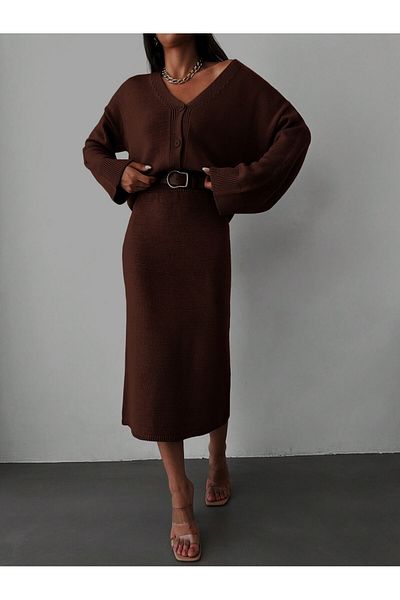 Shineofb Women's Stylish Daily Knitwear Set with Jacket and Skirt