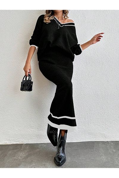 Shineofb Women's Knitwear Suit Double Skirt Blouse