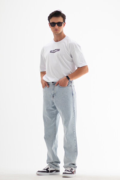 HLT JEANS بنطلون جينز رجالي أزرق اللون بقصة مستقيمة وفضفاضة بدون ليكرا مصنوع ...