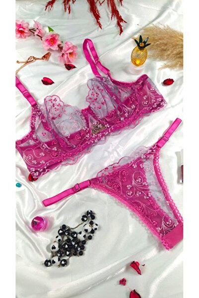 COLOR DE PIEL KADIN FUŞYA MİNİK ÇİÇEK DETAYLI BRODE ŞIK TAKIM SÜTYEN