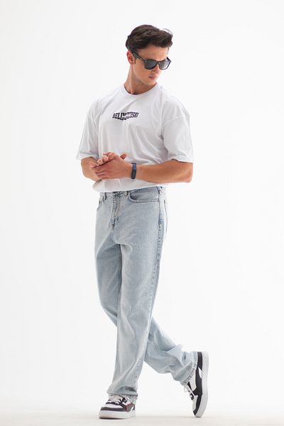 HLT JEANS Ανδρικό μπλε ίσιο φαρδύ παντελόνι - 100% βαμβακερό τζιν παντελόνι NICHOLAS