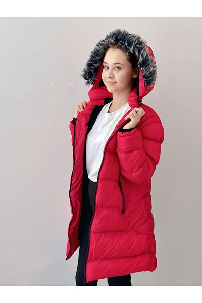 FREE ARSLAN COLLECTİON Long Inflatable Plush Lined Red Girl's Coat with Removable Hood