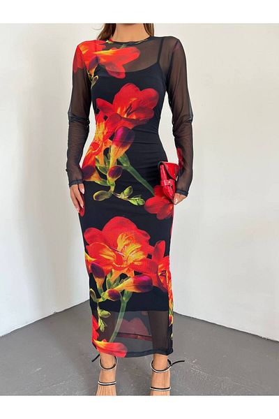 Senem Karadağ Women's Patterned Tulle Dress with Removable Underlining