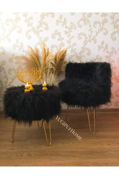 Morfoni Peluş Puf Berjer & Yuvarlak Peluş Puf 2'li Set Siyah Takım Gold 4 Ayak