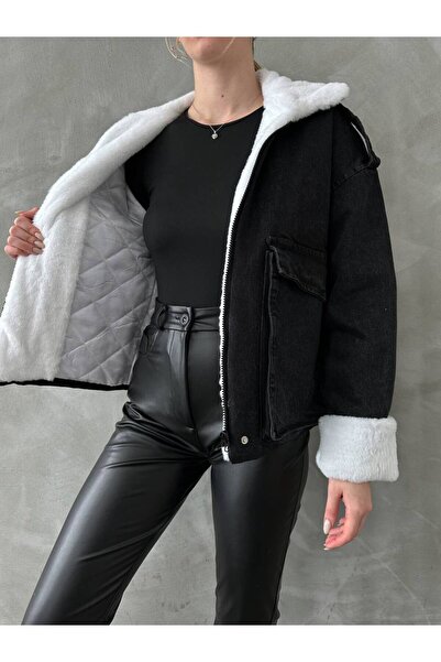 WoolnClyde Γυναικείο λευκό γούνινο γιακά με καπιτονέ επένδυση Επωμίδα με λεπτομέρεια κάλυμμα διπλές βαθιές τσέπες Λούτρινο τζιν μπουφάν