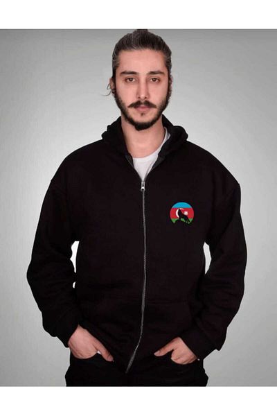 FULL TOLERANCE Turkish Bozkurt Azerbaijan Printed Hooded Zippered Black Cardigan