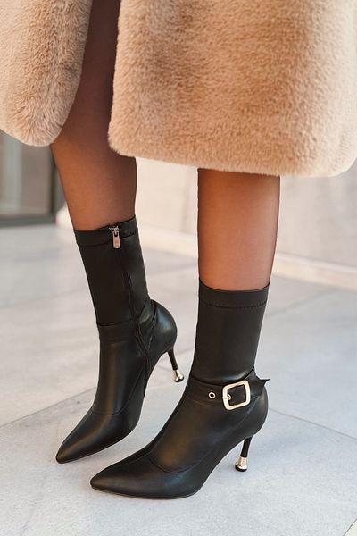 POLKA STORE Buckle Stretch Ankle Buckle Detailed Mid-Length Thin Nail Heeled Pointed Toe Women's Boots Bootie